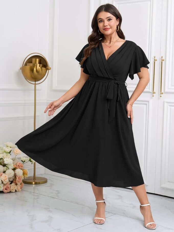 Womens Plus Size Dress Wedding Guest Cocktail Pleated V Neck Wrap V Neck Flowy A Line Midi Dresses with Belt – Bild 3