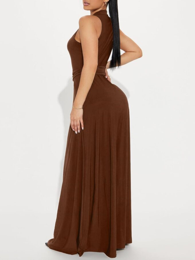 Women's Deep V Neck Long Dresses Sleeveless Collared Button Down High Split Cocktail Wedding Party Maxi Dress – Bild 5