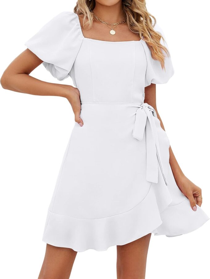 SAMPEEL Womens Summer Dresses Square Neck Puff Sleeve Tie Waist Short Dress – Bild 2