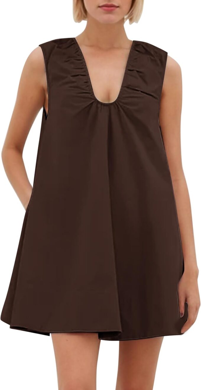 MISSACTIVER Women's Sleeveless Babydoll Tank Mini Dress Scoop Neck Ruched Short Dress with Side Pockets Summer Party Dresses