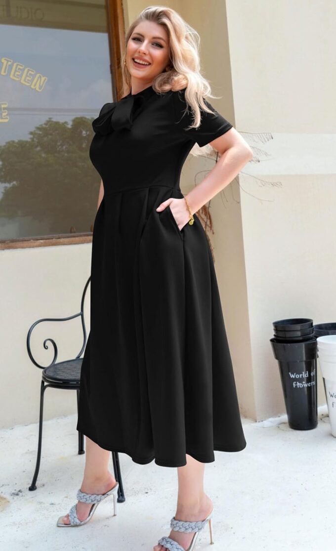 Memoriesea Women's Elegant Casual Short Sleeve Work Party A-Line Dress with Pockets – Bild 4