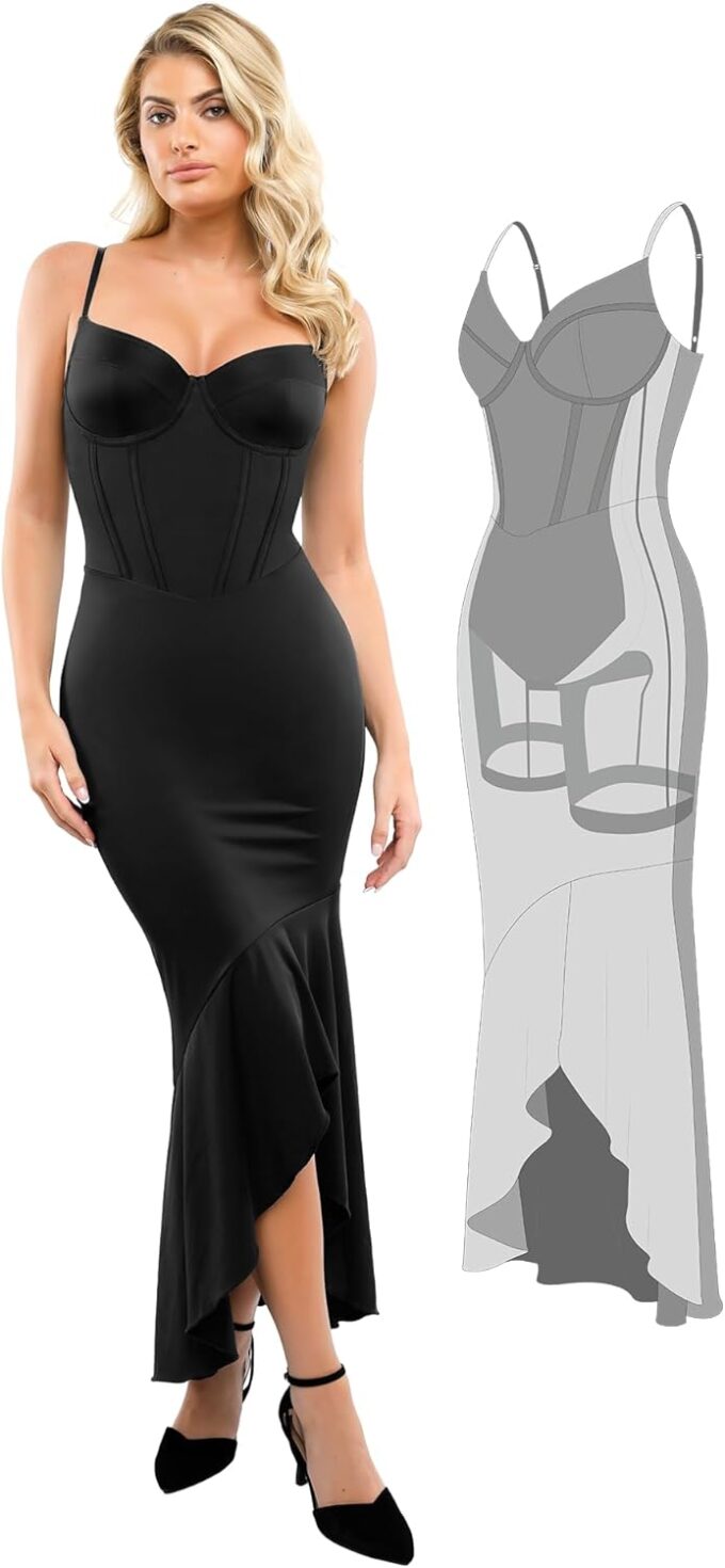 Popilush Corset Dress Built in Shapewear - Formal Dress for Women Deep V Neck Maxi Slip Bridesmaid Dresses for Wedding