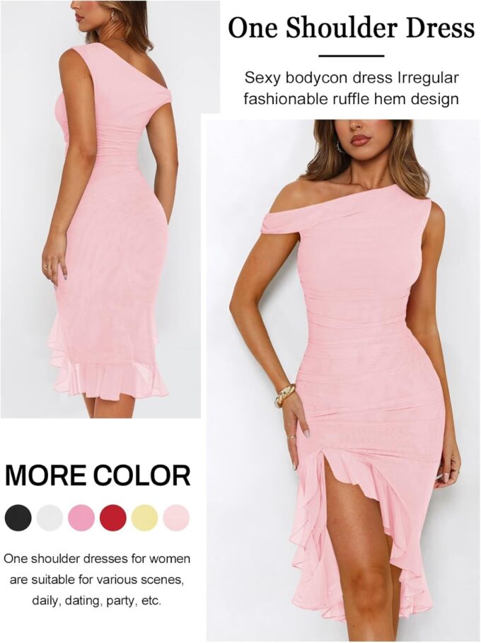 Women Sleeveless One Shoulder Bodycon Midi Dress Summer Side Slit Mesh Irregular Ruffle Cocktail Dress for Women – Bild 2