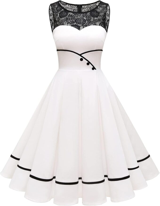 Bbonlinedress Damen Cocktailkleid Rockabilly Spitzenkleid 50er Retro Vintage Faltenrock Elegant Ärmellos Rundhals