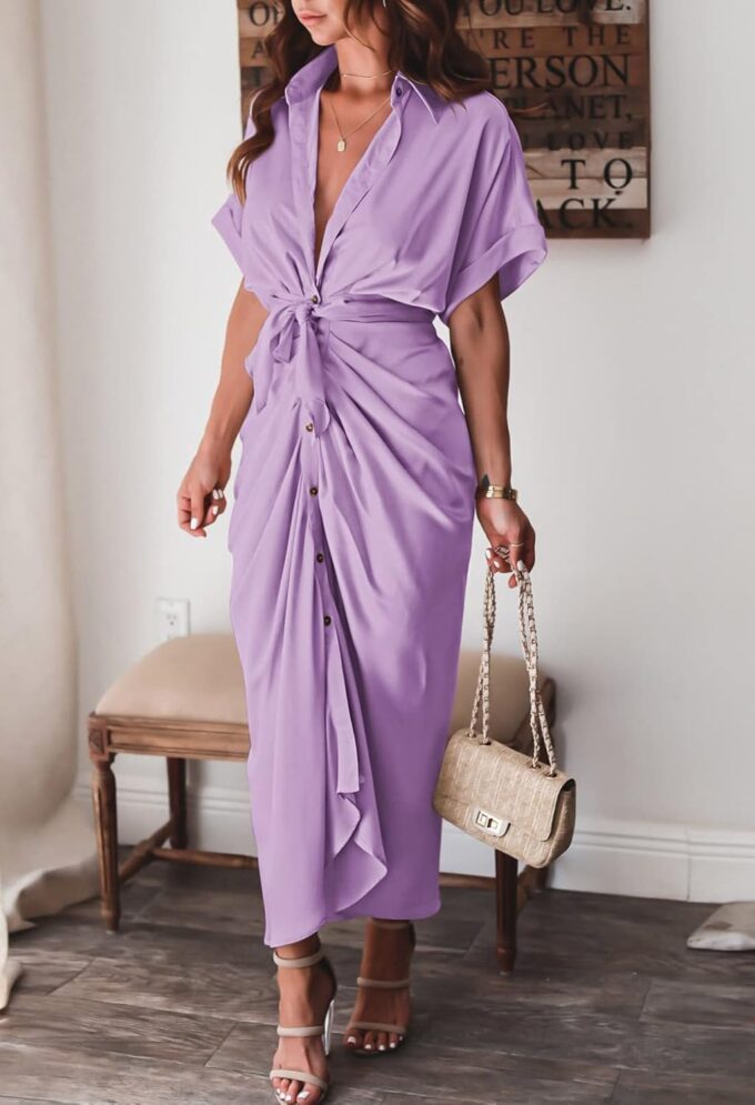 Women Elegant Satin Button Down Short Sleeve Maxi Shirt Dress with Belt – Bild 2