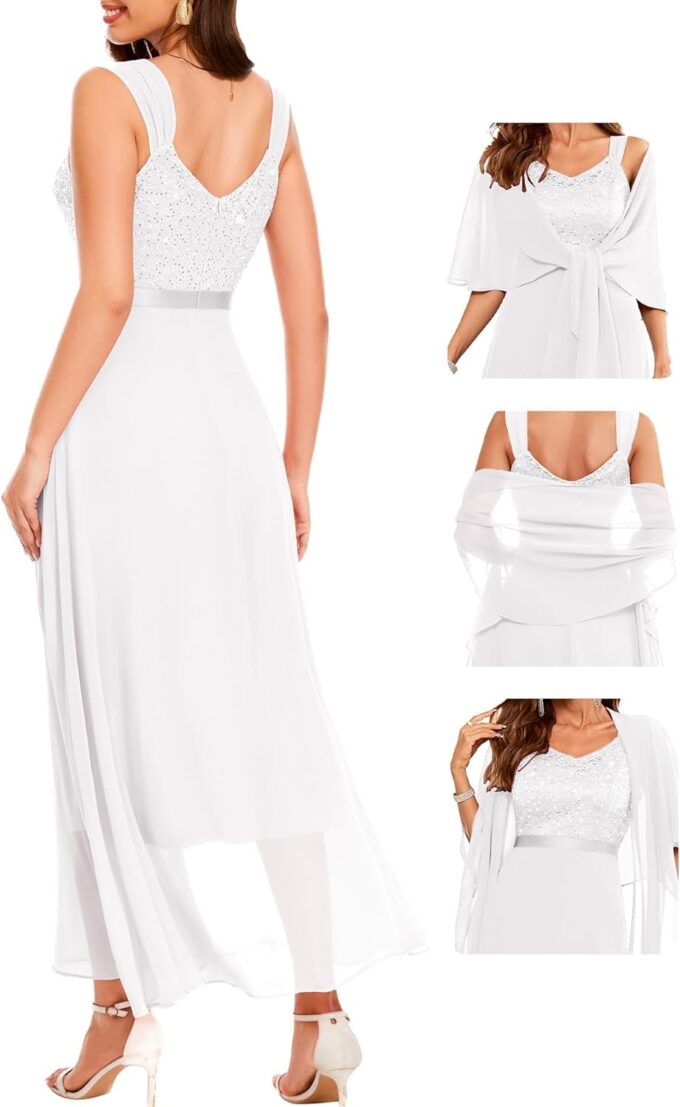 Berylove Damen Abendkleid Lang mit Stola Pailletten Kleid Cocktailkleid Elegant für Hochzeit Festliches Kleid