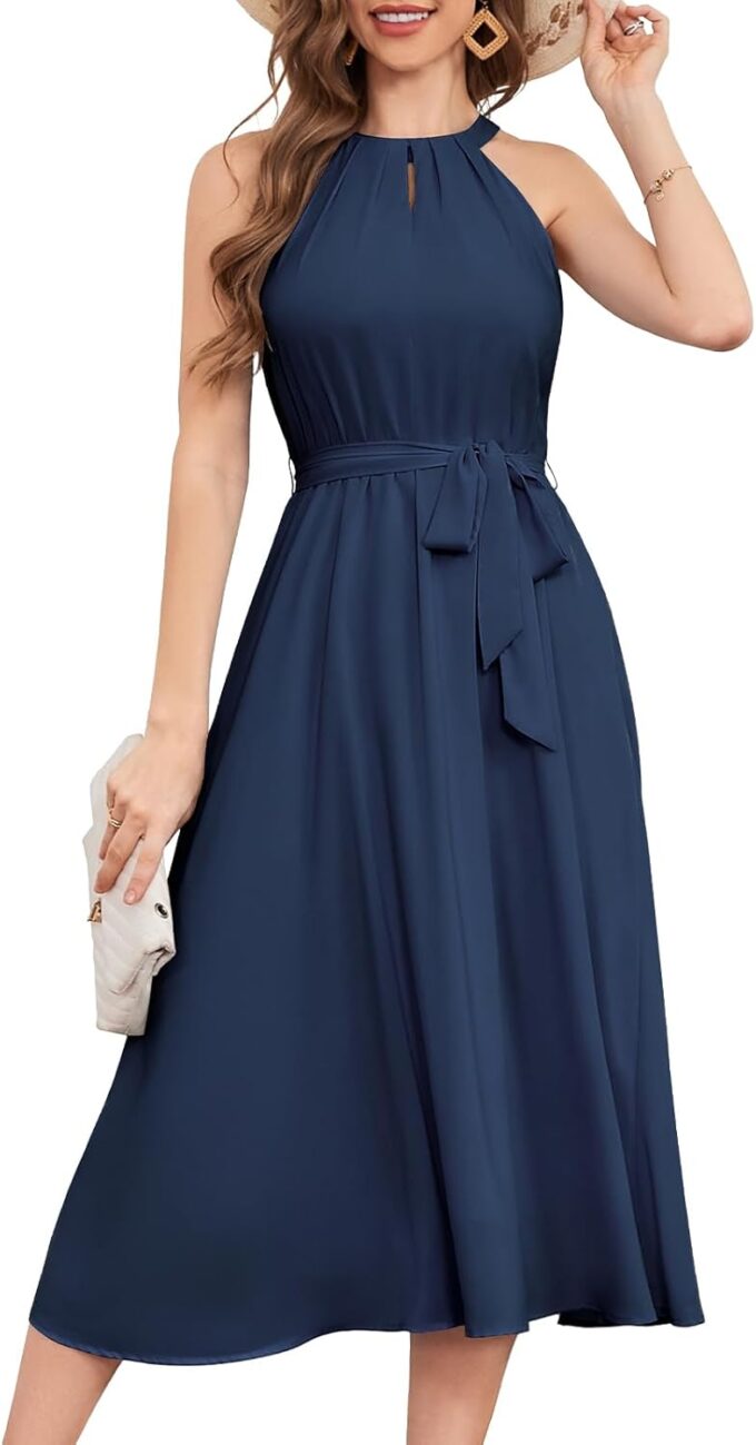 Bbonlinedress Women Halter Chiffon Wedding Bridesmaid Prom Dress Summer Cocktail Formal Beach Party Maxi Flowy Sun Dress