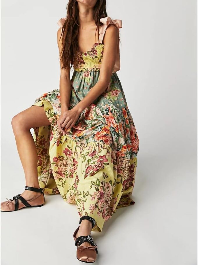Women Floral Boho Sundress Tie Shoulder Smocked Patchwork Flowy Maxi Dresses with Pockets Summer Fall – Bild 3