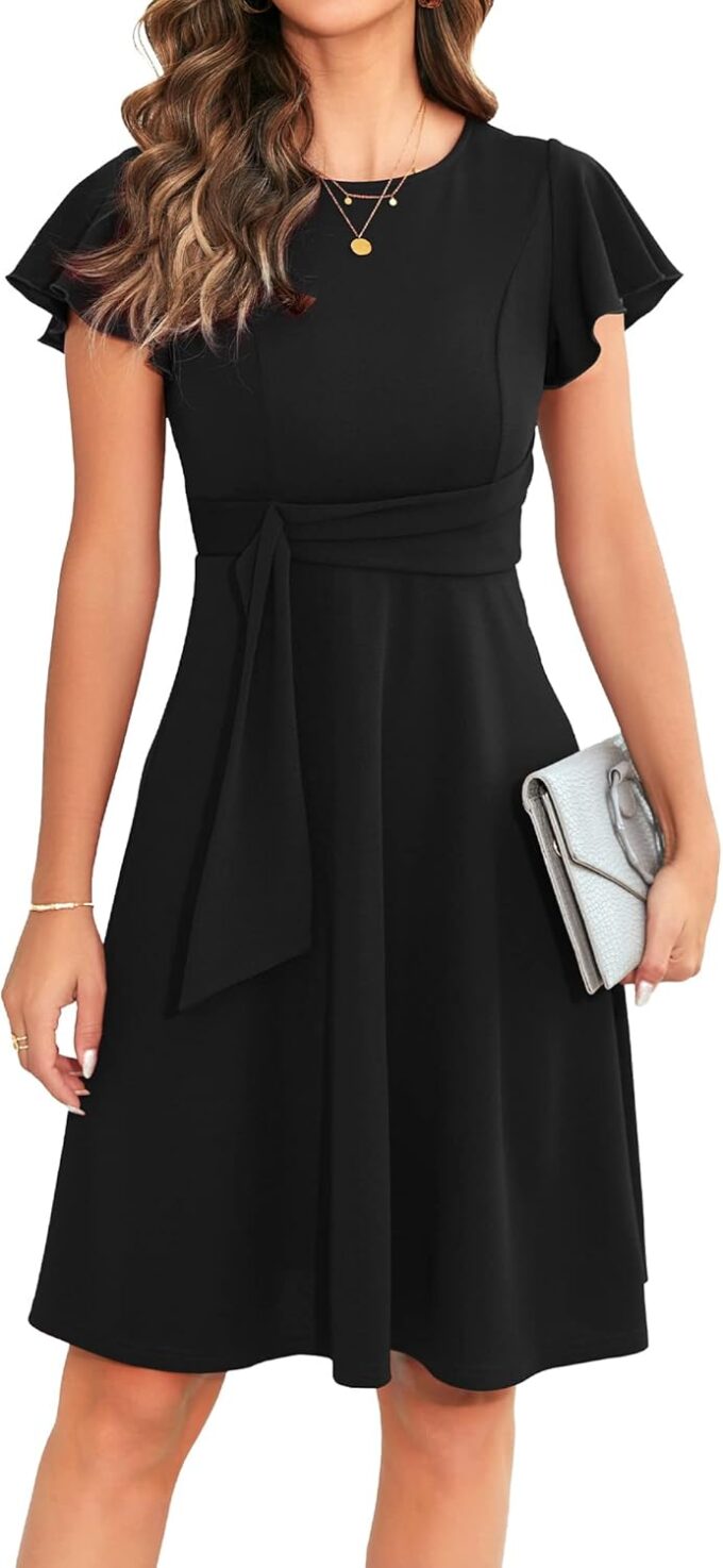 OWIN Womens 2025 Elegant Ruffle Sleeve Flared A Line Swing Casual Party Cocktail Dresses