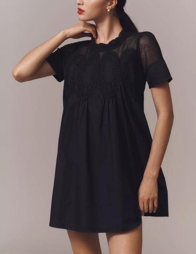 Shiyifa Womens Babydoll Lace Patchwork Dresses Summer Short Sleeve Ruffle Sundress Loose Crew Neck A-Line Dresses – Bild 4