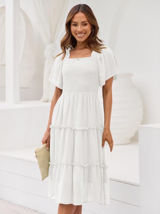 LILLUSORY Women's Summer Casual Flutter Sleeve Square Neck Smocked Midi Dress – Bild 2