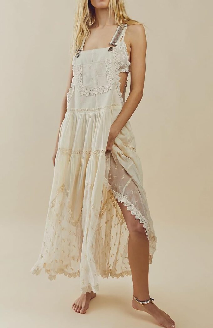 Women's Casual Lace Embroidered Maxi Dress Adjustable Strap Pleated Tiered Swing Long Dress with Pockets – Bild 2