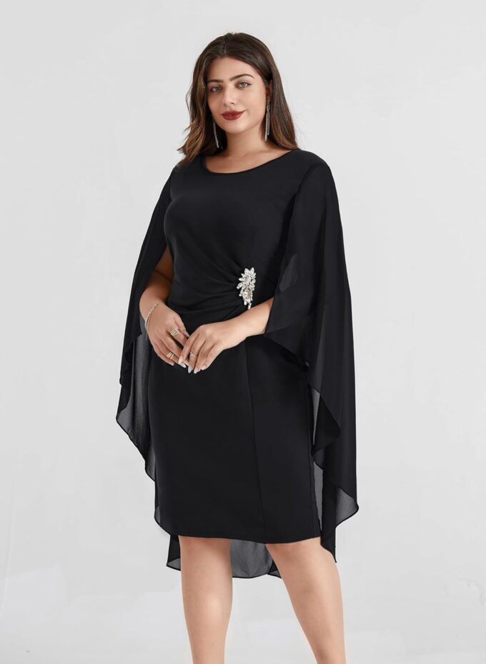 Hanna Nikole Womens Plus Size Chiffon Cape Dress Crew Neck Wedding Guest Dresses Ruched Bodycon Cocktail Pencil Dress – Bild 4