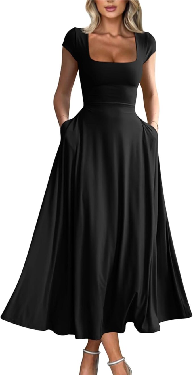 YMDUCH Women's Casual Short Sleeve Square Neck Solid Slim Flowy Maxi Dress with Pockets