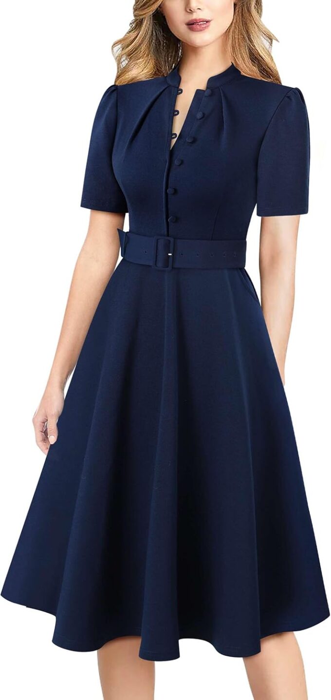 VFSHOW Damen-Kleid 2024, Business-, Arbeits-, Büro-, Taschen-, Gürtelknöpfe, elegante Passform und ausgestelltes A-Linien-Kleid