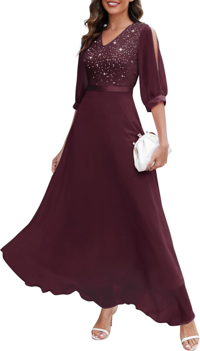 Wedtrend Women's Sequin Dresses Sparkly Glitter Dress Split Sleeves Formal Dresses Maxi Evening Dress