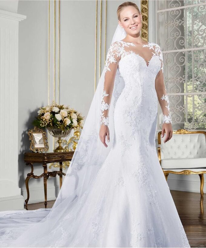 CongMing-huajia Brautkleid Große Frauen Langarm V-Ausschnitt Spitze Applique Kleid Weiß