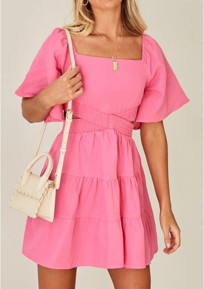 Shy Velvet Women's Summer Dress Square Neck Short Sleeves Crossover Waist Casual Party Mini Dress – Bild 5