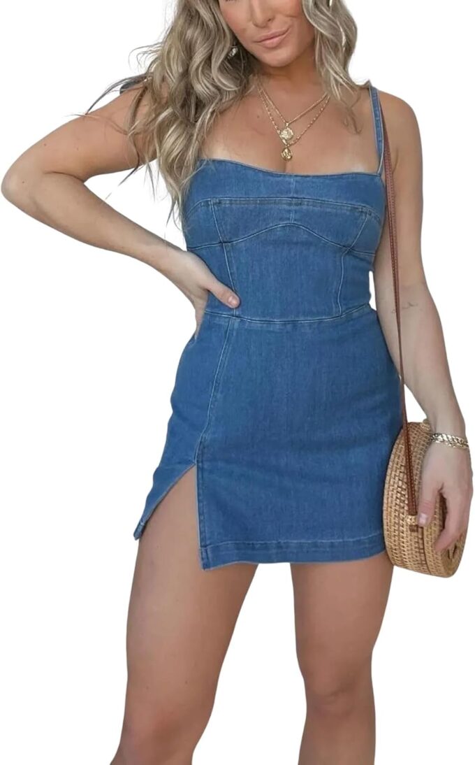 utcoco Women's 2025 Summer Tie Shoulder Denim Mini Dress Sleeveless Side Slit Bodycon Short Jean Dress