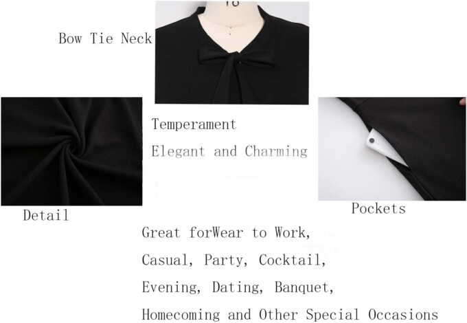 BEDOAR Damen Plus Size Kleid Vintage Fliege Hals Casual Business Arbeit Knielang A-Linie Kleider mit Taschen – Bild 6