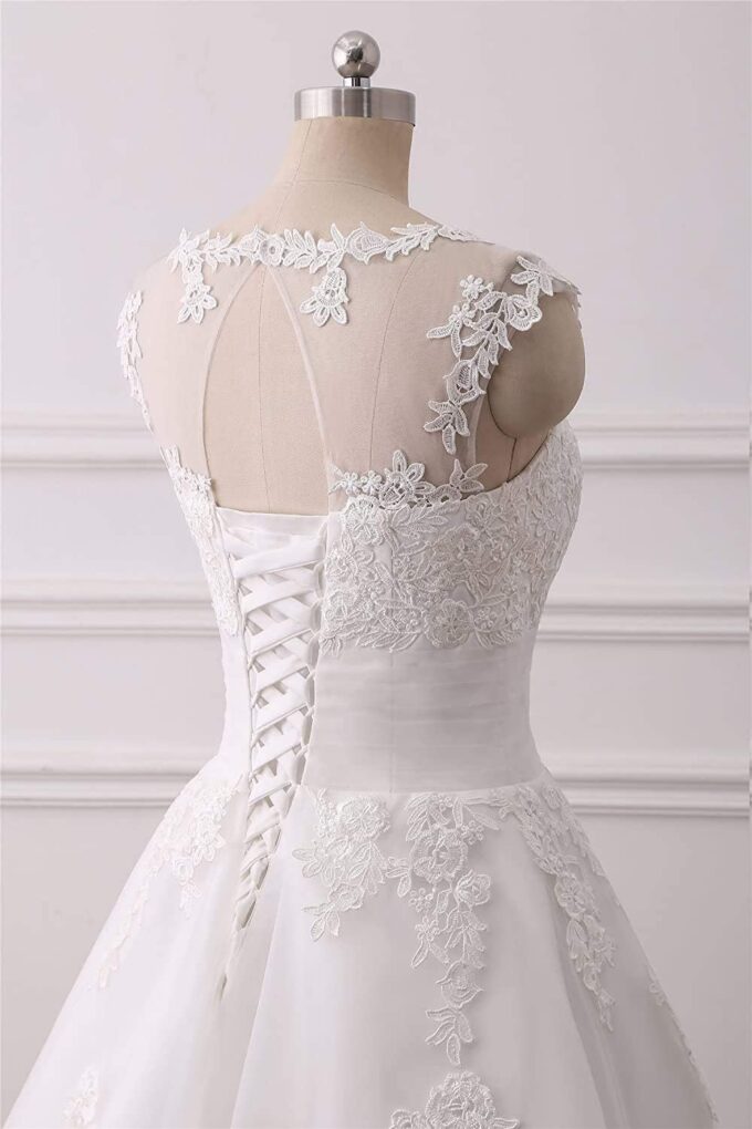 LNNLSS Elegante Kurz Vintage Brautkleid für Braut mit Spitze Ärmellos, Elfenbein, 56 – Bild 6
