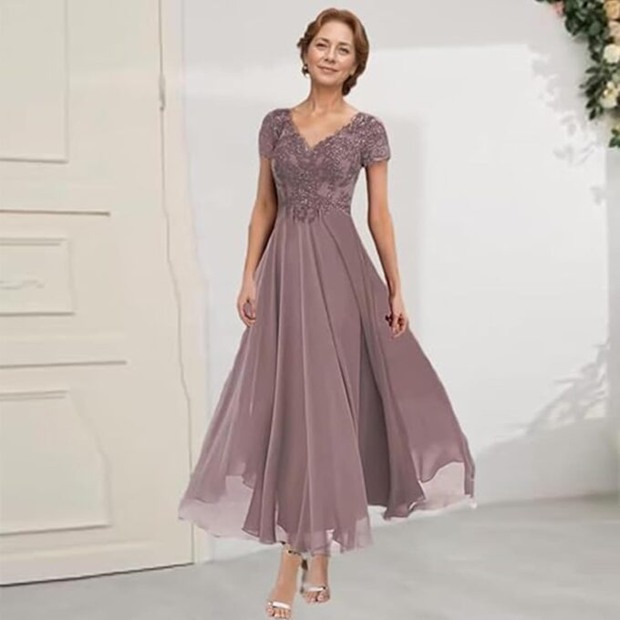 Generisch Teelänge Mutter der Braut Kleider V-Ausschnitt Spitze Applikationen Chiffon Kurzarm Formelle Abendkleider für Frauen – Bild 2