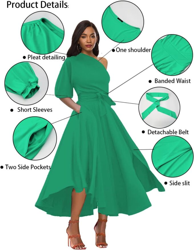 Women’s Elegant Off Shoulder Short Sleeve Belted Side Slit Cocktail Party Swing Dress with Pockets – Bild 3