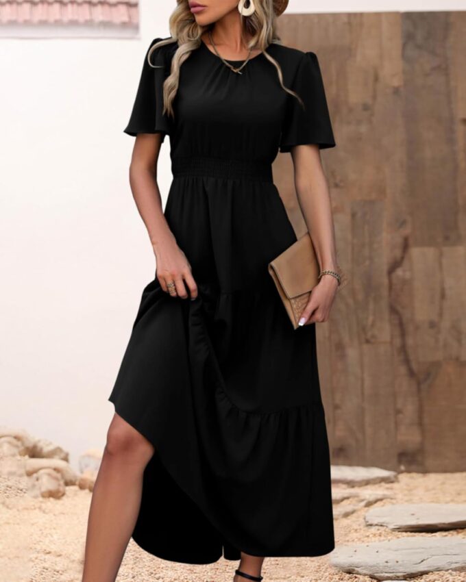 PRETTYGARDEN Women's Summer Casual Short Flutter Sleeve Round Neck Smocked Waist Tiered Boho Floral Flowy Maxi Dress – Bild 8
