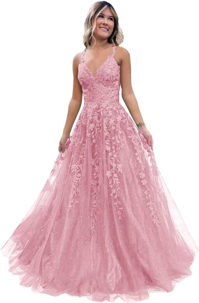 Frauen Spitze Applikation Abschlussball Kleider Langer Tüll Brautjungfernkleid A Linie V-Ausschnitt Formale Partyballkleider mit Schlitz