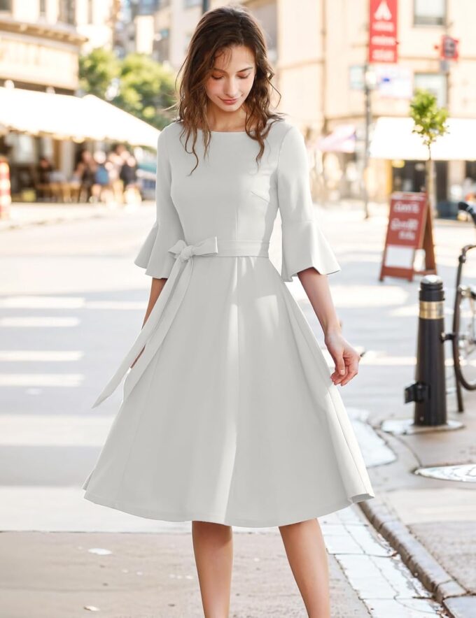 HomRain Women's Church Dresses for 2025 Wedding Guest Cocktail Tea Party Bell Sleeve Vintage Evening Graduation Dress – Bild 3