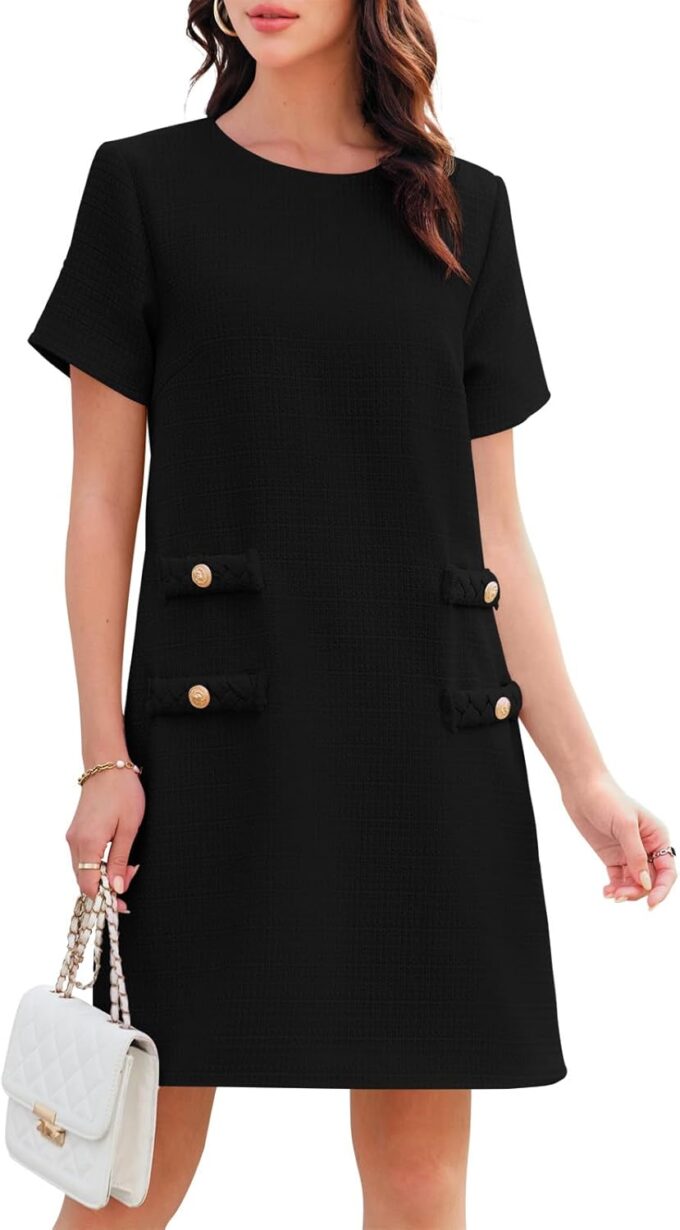 Wenrine Damen-Minikleid aus Tweed, kurzärmelig, Rundhalsausschnitt, Arbeit, Büro, formell, Sommer, A-Linie