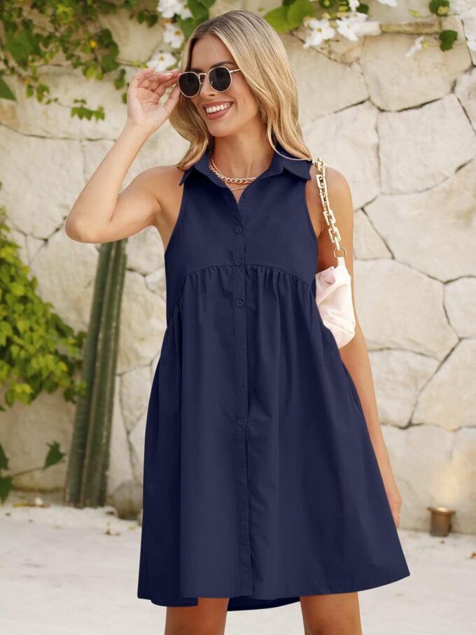 DEEP SELF Women Summer Collared Shirt Dress Casual Loose Button Down Short Dress V Neck Tunic Mini Dress with Pockets – Bild 5