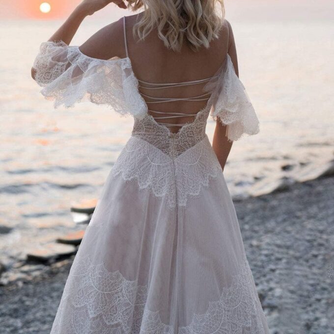 Women's Wedding Dresses Chic Lace Evening Dresses V Neck Ruffle Sleeves Beachy Boho Outdoorsy Wedding Gowns – Bild 3