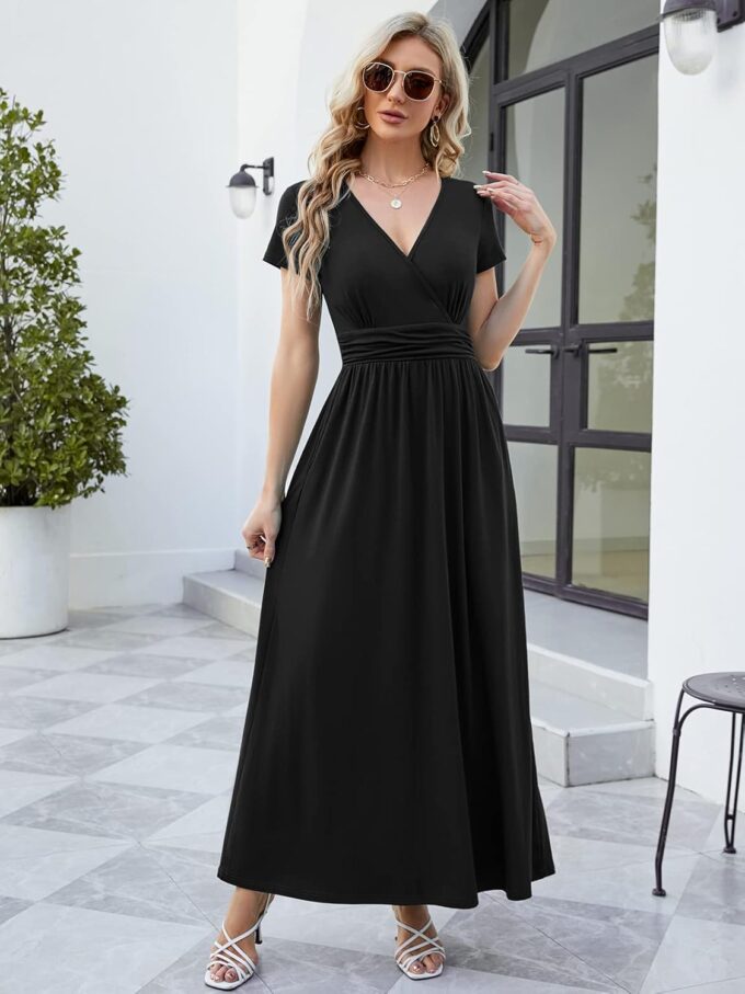 ANRILITA Maxi Dress for Women Wrap V Neck Short Sleeve Empire Pleated Waist Summer Casual Elegant Long Dresses with Pockets – Bild 2