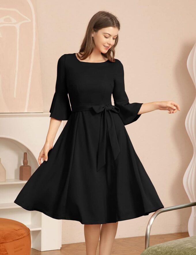 HomRain Women's Church Dresses for 2025 Wedding Guest Cocktail Tea Party Bell Sleeve Vintage Evening Graduation Dress – Bild 2