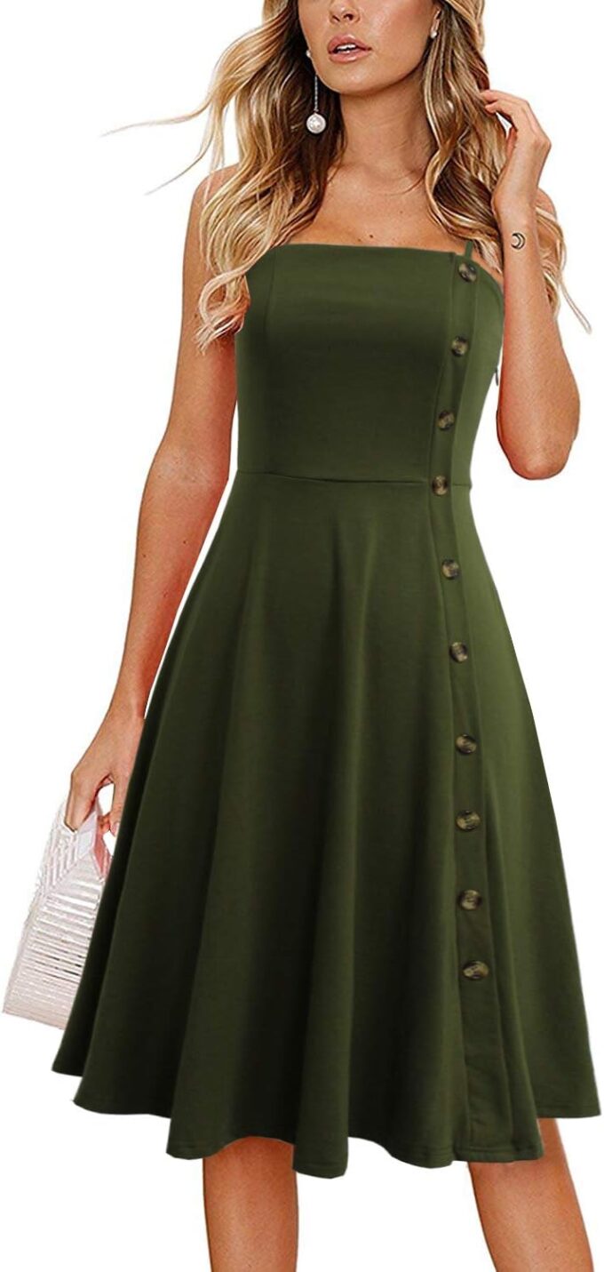 Liyinxi Women's Casual Summer Beach Flattering Flowy A-Line Spaghetti Straps Solid Cotton Button Down Midi Sundress – Bild 3