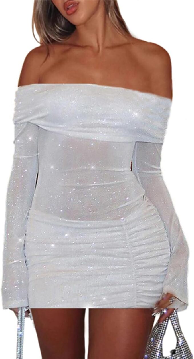 Women Sexy Off Shoulder Bodycon Mini Dress Mesh Sheer Ruched Sparkly Flared Long Sleeve Y2K Dress Club Night Out Dresses