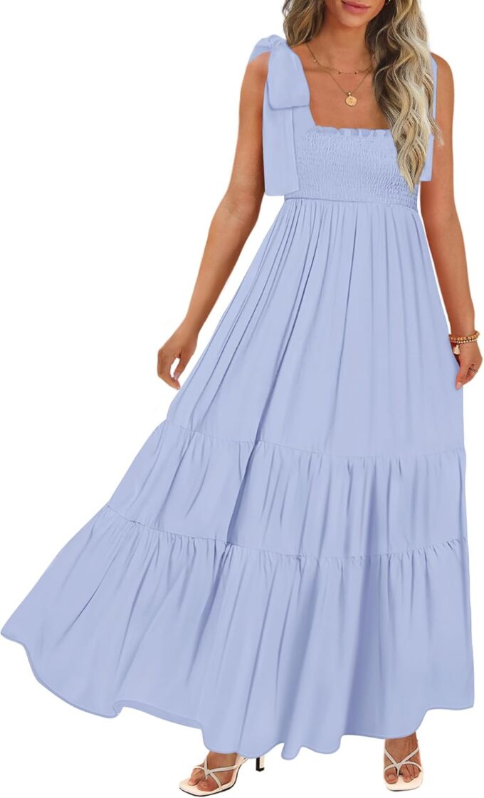 Women's Summer Maxi Dress Boho Spaghetti Straps Casual Long A-line Smocked Beach Dress Square Neck Flowy Sun Dress