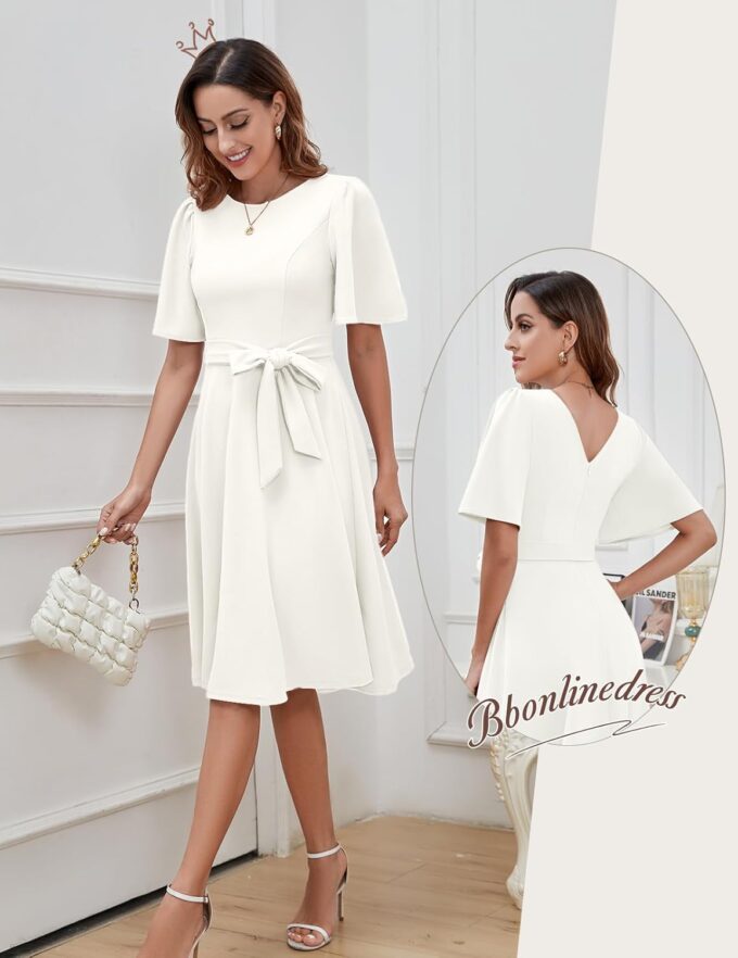 Bbonlinedress Cocktailkleid Damen Kurzarm midilang festlichs Kleid mit Gürtel Abendkleider elegant für Hochzeit Partykleider – Bild 2