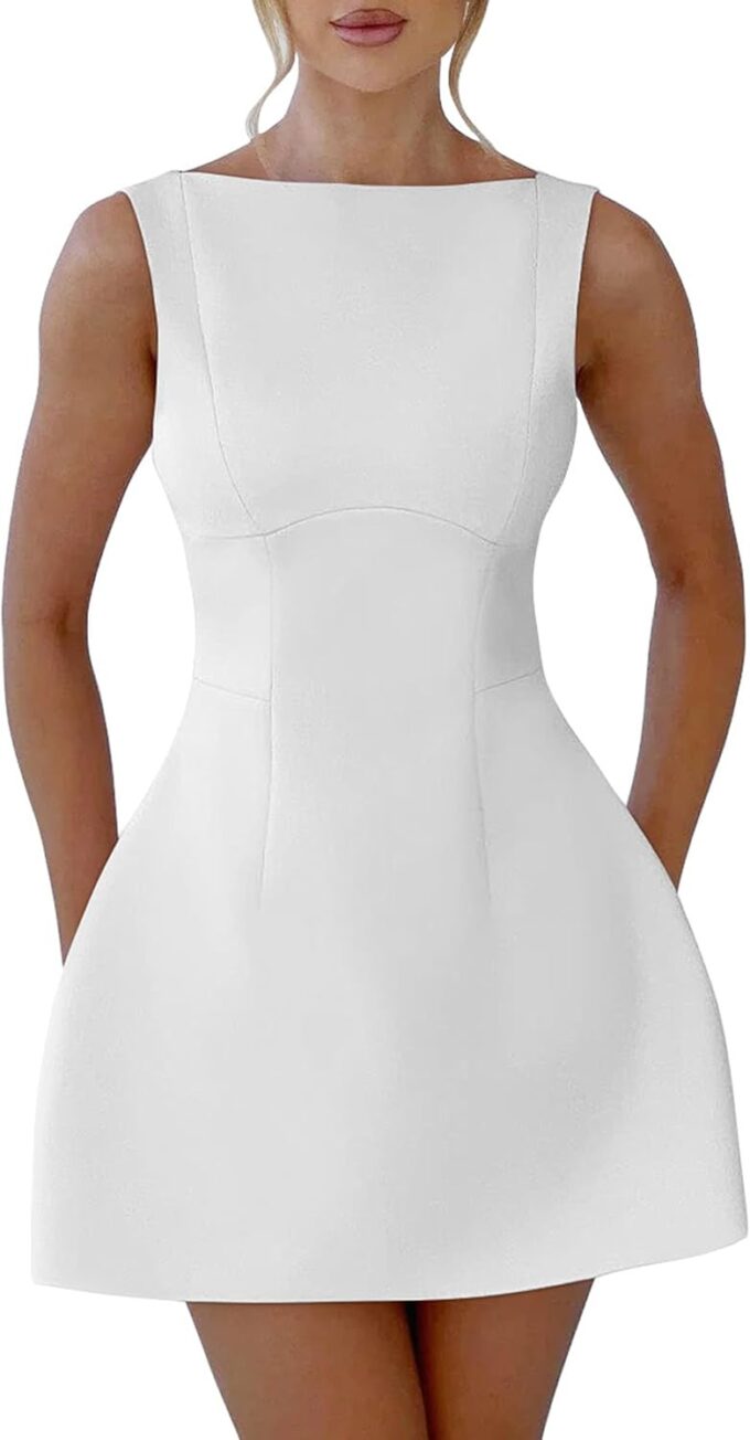 YMDUCH Women's Sexy Sleeveless Crew Neck Backless A-line Party Short Mini Dress
