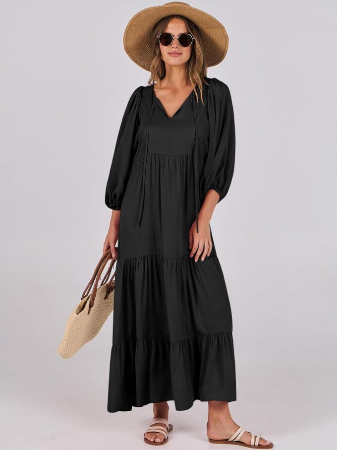 ANRABESS Womens Boho Maxi Dresses 2025 Summer V Neck Puff Sleeve Floral Flowy Swing Casual Long Dress – Bild 7