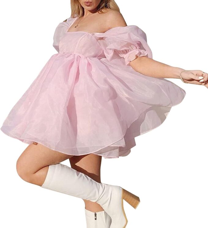 Womens Off-Shoulder Ruffled Fluffy Short-Sleeved Mesh Party Mini Princess Dress – Bild 4