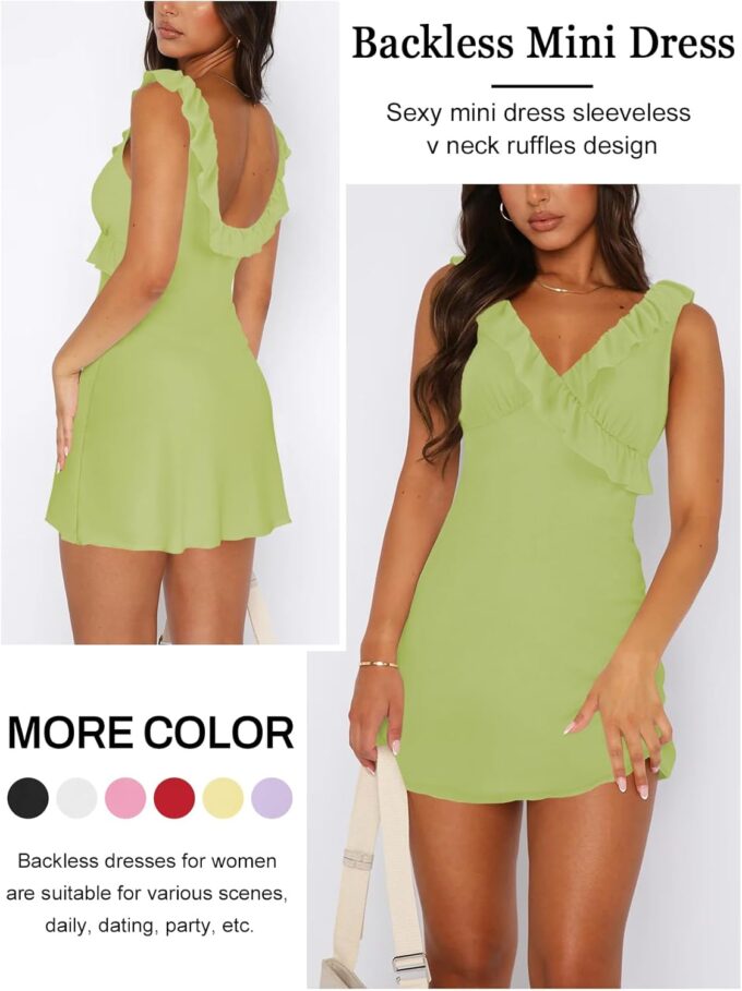 Women's Sexy V Neck Sleeveless Backless Ruffles Dress for Women Elegant Mesh Party Fitted Cocktail Mini Dresses – Bild 2
