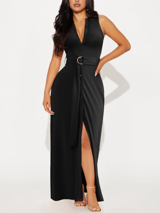 Women's Deep V Neck Long Dresses Sleeveless Collared Button Down High Split Cocktail Wedding Party Maxi Dress – Bild 3