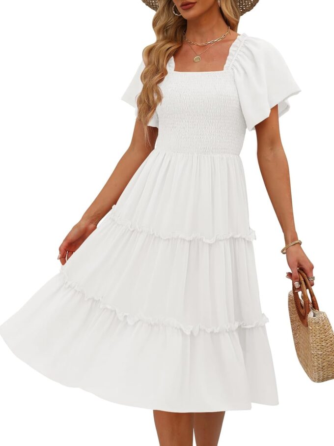 LILLUSORY Women's Summer Casual Flutter Sleeve Square Neck Smocked Midi Dress