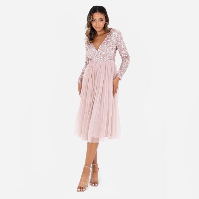 Maya Deluxe Damen Midi Elegant Hochzeit Ärmel Tiefer V Ausschnitt Pailletten Cocktailkleid Abschlussball Brautjungfernkleid Bridesmaid Dress – Bild 2
