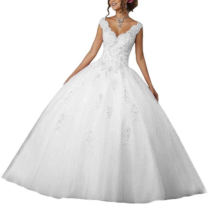 Vantexi Damen V-Ausschnitt Quinceanera Kleider Mit Spitze Abendkleider Lang Hochzeitskleider Elegant Ballkleid