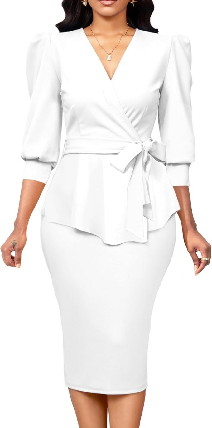 Yiershu Elegant Church Dress for Women Sexy v Neck 3/4 Sleeve Peplum Dress Business
