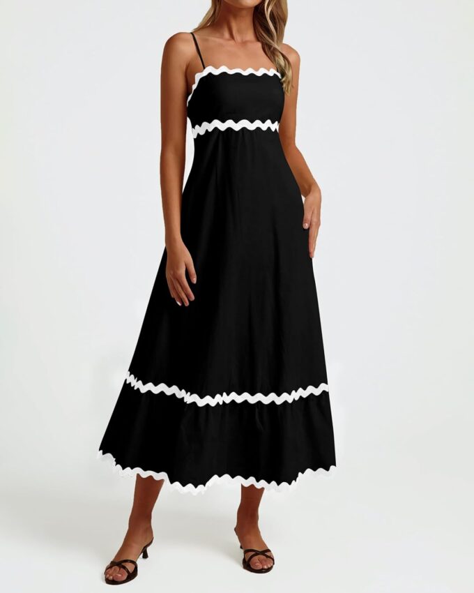 dowerme Women Summer Dresses 2025 Spaghetti Straps Sleeveless Smocked Rickrack Trim Boho Flowy Loose A-Line Midi Dress – Bild 7