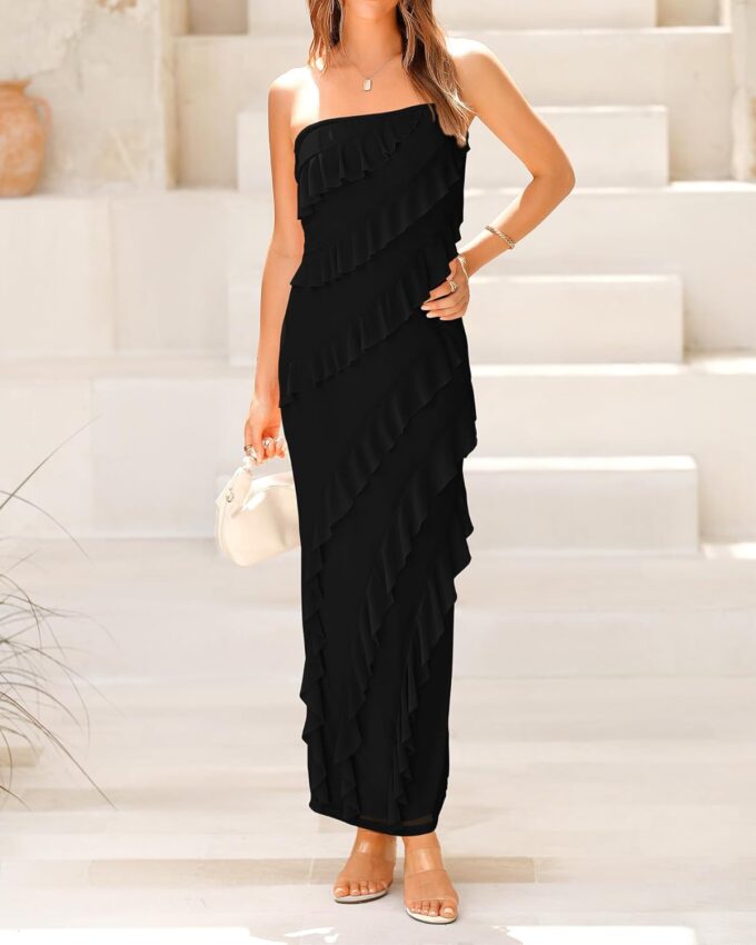 BTFBM Women Summer Elegant Strapless Midi Ruched Bodycon Dress Solid Color Stretch Mesh Slim Party Cocktail Dresses – Bild 4